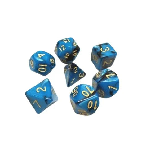 🎲🌊 Lot de Dés – Fusion Bleu et Noir – Set Complet 7 Pièces en Boîte – Jeu de Rôle 🌑🎲