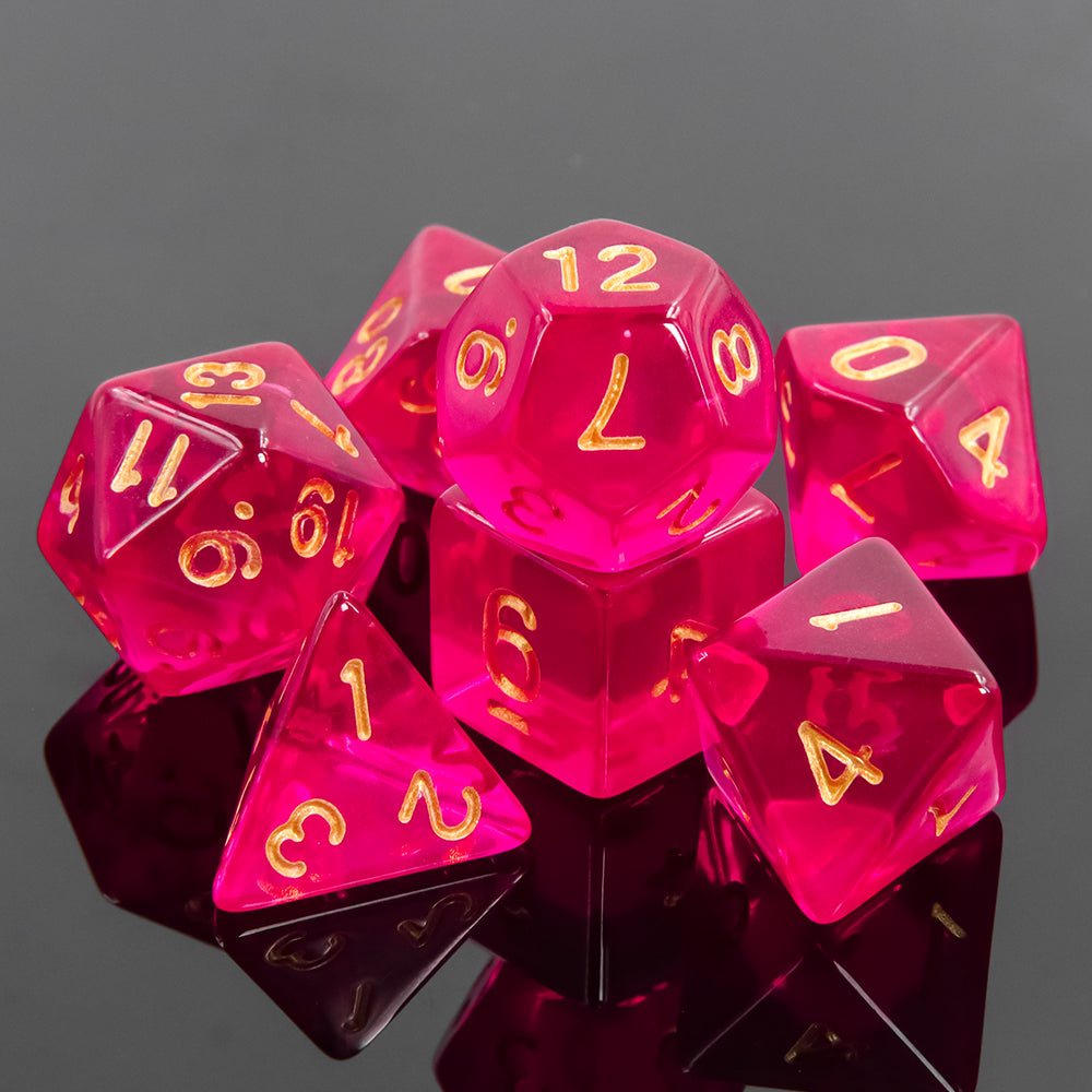 🎲💖 Lot de Dés – Rouge Fuchsia Transparent – Set Complet 7 Pièces en Boîte – Jeu de Rôle ✨🎲