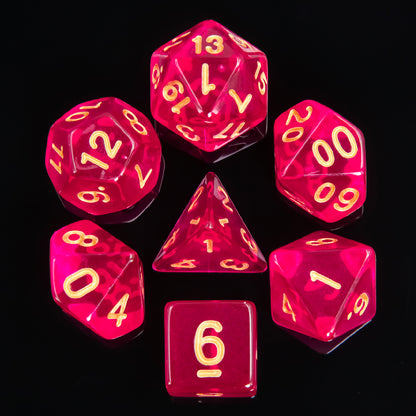 🎲💖 Lot de Dés – Rouge Fuchsia Transparent – Set Complet 7 Pièces en Boîte – Jeu de Rôle ✨🎲