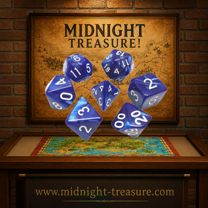 Lot de 7 dés multiformat en boîte – Bleu Nacré – Jeu de rôle. Set bleu profond à effet nacré avec chiffres blancs comprenant D4, D6, D8, D10, D00, D12 et D20. Un design élégant aux reflets lumineux parfait pour Donjons & Dragons, Pathfinder et autres jeux de rôle.
