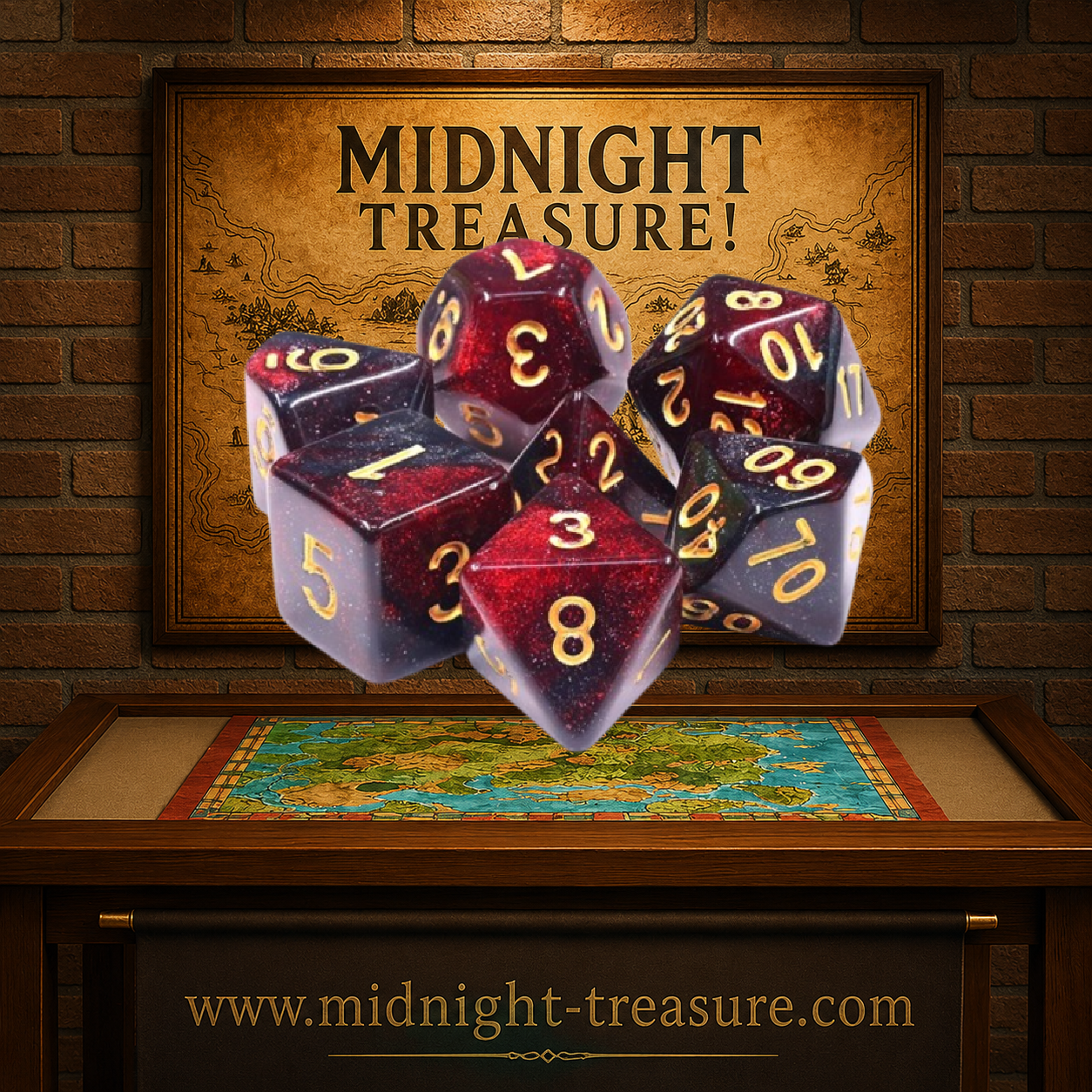 Lot de 7 dés multiformat en boîte – Bloody Mary – Jeu de rôle. Set rouge sombre, bordeaux et noir avec fines particules scintillantes et chiffres dorés (D4, D6, D8, D10, D00, D12, D20). Un design mystérieux et élégant parfait pour Donjons & Dragons, Pathfinder et autres jeux de rôle.