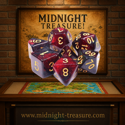 Lot de 7 dés multiformat en boîte – Bloody Mary – Jeu de rôle. Set rouge sombre, bordeaux et noir avec fines particules scintillantes et chiffres dorés (D4, D6, D8, D10, D00, D12, D20). Un design mystérieux et élégant parfait pour Donjons & Dragons, Pathfinder et autres jeux de rôle.