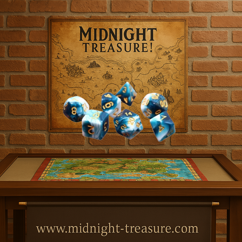 Lot de 7 dés multiformat en boîte – BlueInk – Jeu de rôle. Set bleu profond effet encre marbrée avec chiffres dorés (D4, D6, D8, D10, D00, D12, D20). Un design élégant et mystique parfait pour Donjons & Dragons, Pathfinder et autres jeux de rôle.