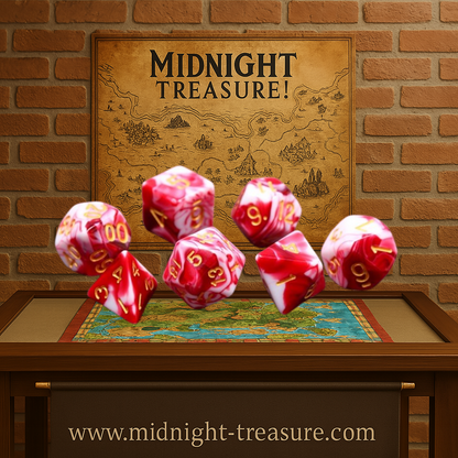 Lot de 7 dés multiformat en boîte – Cherry Cream – Jeu de rôle. Set rouge cerise et blanc crème effet marbré avec chiffres dorés (D4, D6, D8, D10, D00, D12, D20). Un design gourmand et raffiné parfait pour Donjons & Dragons, Pathfinder et autres jeux de rôle.