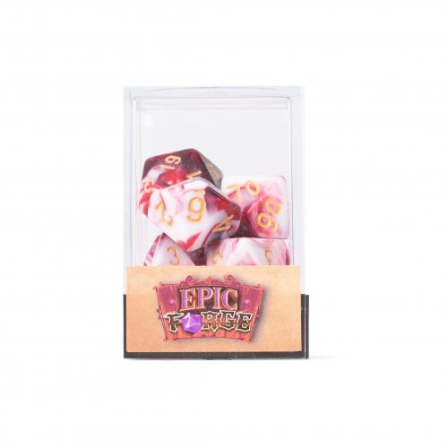 Lot de 7 dés multiformat en boîte – Cherry Cream – Jeu de rôle. Set rouge cerise et blanc crème effet marbré avec chiffres dorés (D4, D6, D8, D10, D00, D12, D20). Un design gourmand et raffiné parfait pour Donjons & Dragons, Pathfinder et autres jeux de rôle.