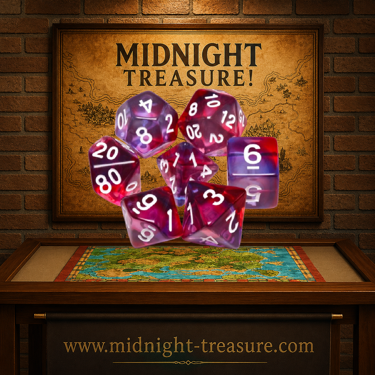 Lot de 7 dés multiformat en boîte – Danseuse Infatigable – Jeu de rôle. Set translucide aux nuances rouge, rose, violet et bleu avec chiffres blancs comprenant D4, D6, D8, D10, D00, D12 et D20. Un design coloré et lumineux parfait pour Donjons & Dragons, Pathfinder et autres jeux de rôle.