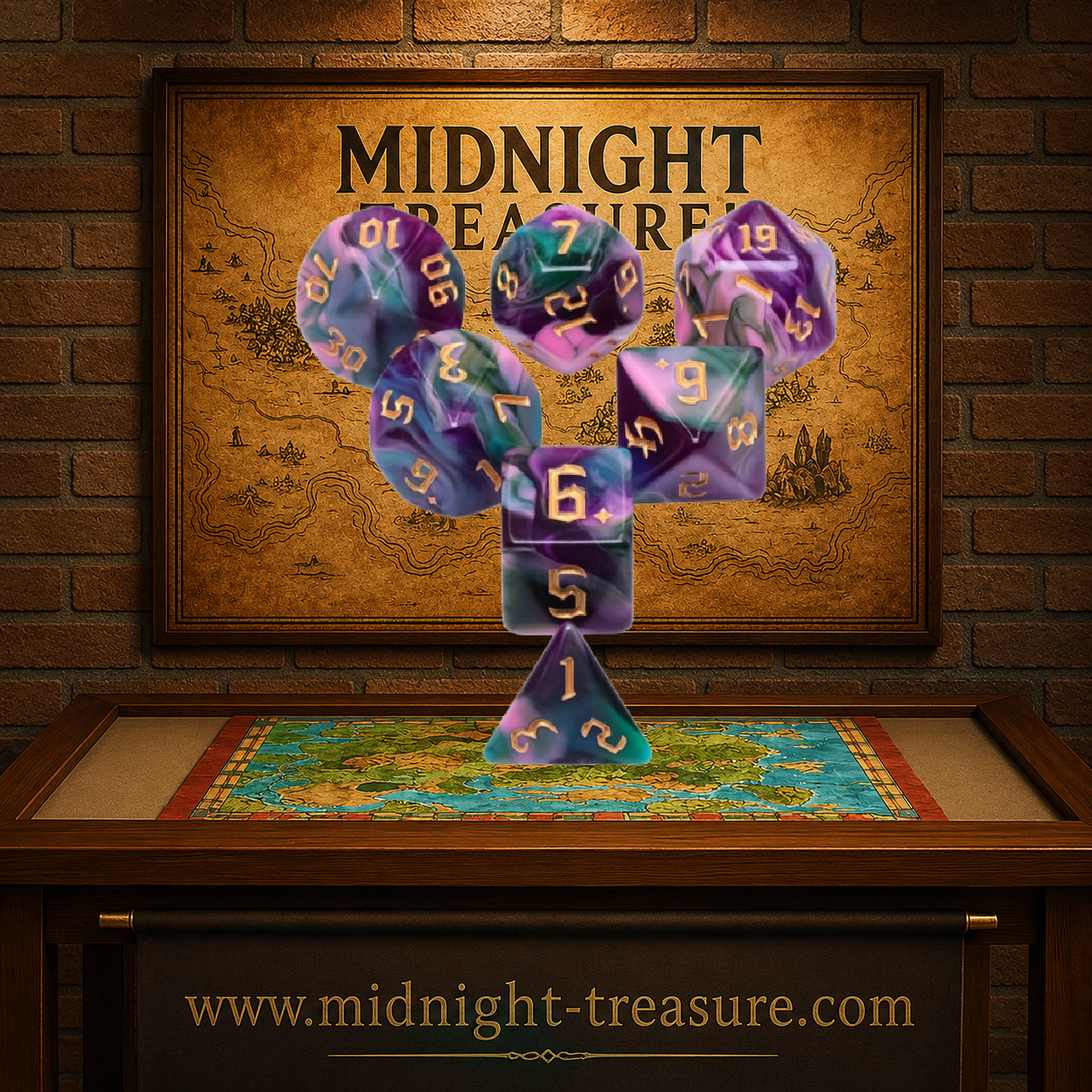 Lot de 7 dés multiformat en boîte – Elfes de la Nuit – Jeu de rôle. Set marbré violet, rose et vert émeraude avec chiffres dorés comprenant D4, D6, D8, D10, D00, D12 et D20. Un design mystique et coloré parfait pour Donjons & Dragons, Pathfinder et autres jeux de rôle.