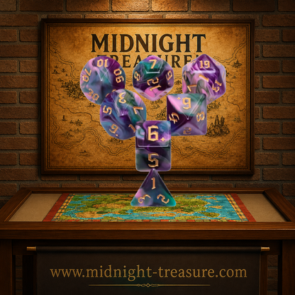 Lot de 7 dés multiformat en boîte – Elfes de la Nuit – Jeu de rôle. Set marbré violet, rose et vert émeraude avec chiffres dorés comprenant D4, D6, D8, D10, D00, D12 et D20. Un design mystique et coloré parfait pour Donjons & Dragons, Pathfinder et autres jeux de rôle.