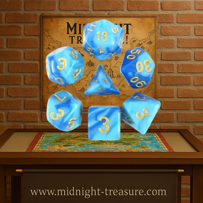 Lot de 7 dés multiformat en boîte – Fusion Bleu Ciel et Bleu – Jeu de rôle. Set bleu ciel et bleu profond effet fusion marbrée avec chiffres dorés (D4, D6, D8, D10, D00, D12, D20). Un design frais et lumineux parfait pour Donjons & Dragons, Pathfinder et autres jeux de rôle.