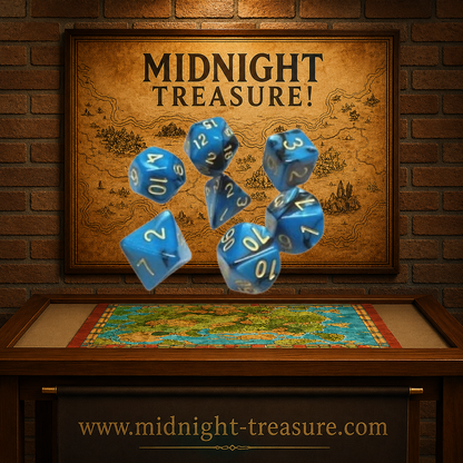 Lot de 7 dés multiformat en boîte – Fusion Bleu et Noir – Jeu de rôle. Set marbré bleu intense et noir avec chiffres dorés comprenant D4, D6, D8, D10, D00, D12 et D20. Un design profond et mystérieux parfait pour Donjons & Dragons, Pathfinder et autres jeux de rôle.