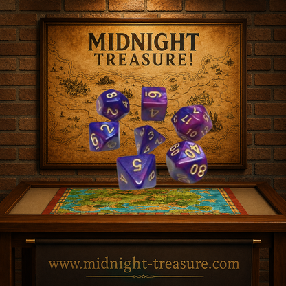 Lot de 7 dés multiformat en boîte – Fusion Bleu et Violet – Jeu de rôle. Set marbré bleu, violet et rose avec chiffres dorés comprenant D4, D6, D8, D10, D00, D12 et D20. Un design mystique et coloré parfait pour Donjons & Dragons, Pathfinder et autres jeux de rôle.