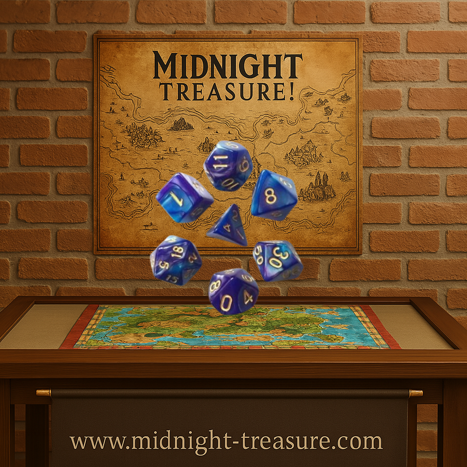 Lot de 7 dés multiformat en boîte – Fusion Bleu et Violet Sombre – Jeu de rôle. Set bleu profond et violet foncé effet fusion avec chiffres dorés (D4, D6, D8, D10, D00, D12, D20). Un design mystique et arcane parfait pour Donjons & Dragons, Pathfinder et autres jeux de rôle.