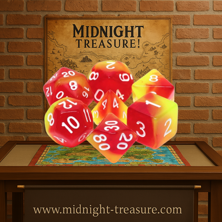 Lot de 7 dés multiformat en boîte – Fusion Rouge et Jaune – Jeu de rôle. Set rouge et jaune effet fusion avec chiffres blancs (D4, D6, D8, D10, D00, D12, D20). Un design vibrant et énergétique parfait pour Donjons & Dragons, Pathfinder et autres jeux de rôle.