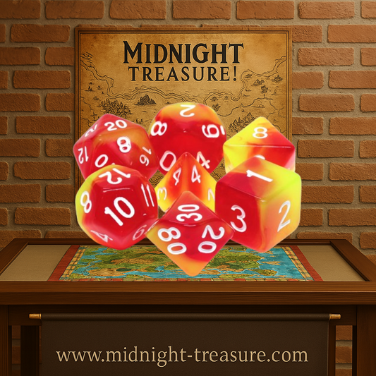 Lot de 7 dés multiformat en boîte – Fusion Rouge et Jaune – Jeu de rôle. Set rouge et jaune effet fusion avec chiffres blancs (D4, D6, D8, D10, D00, D12, D20). Un design vibrant et énergétique parfait pour Donjons & Dragons, Pathfinder et autres jeux de rôle.