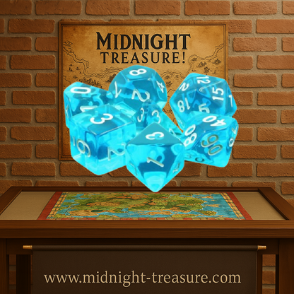Lot de 7 dés multiformat en boîte – Gemmes Azur – Jeu de rôle. Set bleu azur translucide effet gemme avec chiffres blancs (D4, D6, D8, D10, D00, D12, D20). Un design cristallin et lumineux parfait pour Donjons & Dragons, Pathfinder et autres jeux de rôle.
