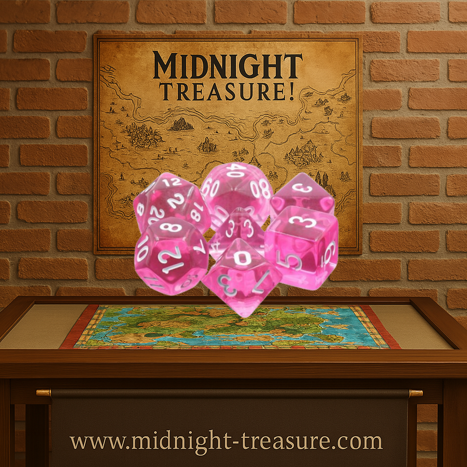 Lot de 7 dés multiformat en boîte – Gemmes Magenta – Jeu de rôle. Set magenta translucide effet gemme avec chiffres blancs (D4, D6, D8, D10, D00, D12, D20). Un design précieux et éclatant parfait pour Donjons & Dragons, Pathfinder et autres jeux de rôle.