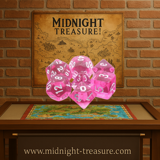 Lot de 7 dés multiformat en boîte – Gemmes Magenta – Jeu de rôle. Set magenta translucide effet gemme avec chiffres blancs (D4, D6, D8, D10, D00, D12, D20). Un design précieux et éclatant parfait pour Donjons & Dragons, Pathfinder et autres jeux de rôle.