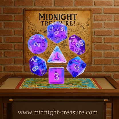 Lot de 7 dés multiformat en boîte – Indigo Sea – Jeu de rôle. Set violet et bleu translucide avec chiffres blancs (D4, D6, D8, D10, D00, D12, D20). Un design marin et mystique parfait pour Donjons & Dragons, Pathfinder et autres jeux de rôle.