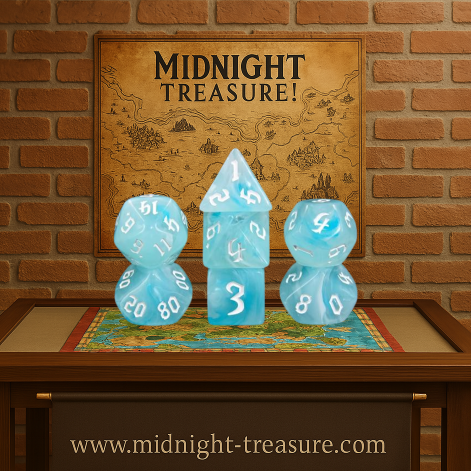 Lot de 7 dés multiformat en boîte – Nuage Blanc – Jeu de rôle. Set bleu ciel et blanc effet nuageux avec chiffres blancs (D4, D6, D8, D10, D00, D12, D20). Un design doux et aérien parfait pour Donjons & Dragons, Pathfinder et autres jeux de rôle.