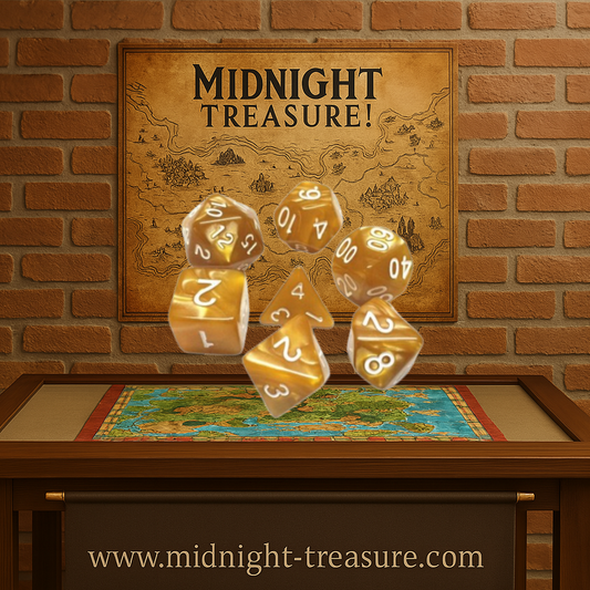 Lot de 7 dés multiformat en boîte – Or Nacré – Jeu de rôle. Set doré nacré brillant avec chiffres blancs (D4, D6, D8, D10, D00, D12, D20). Un design luxueux et raffiné parfait pour Donjons & Dragons, Pathfinder et autres jeux de rôle.