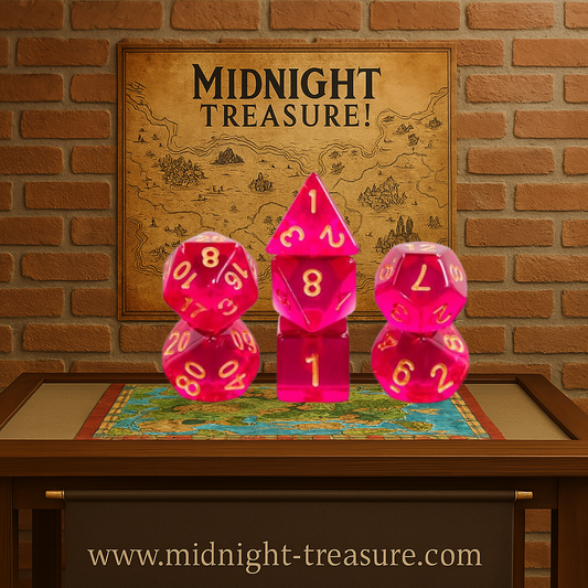 Lot de 7 dés multiformat en boîte – Rose Fuchsia Transparent – Jeu de rôle. Set rose fuchsia translucide avec chiffres dorés (D4, D6, D8, D10, D00, D12, D20). Un design éclatant et élégant parfait pour Donjons & Dragons, Pathfinder et autres jeux de rôle.