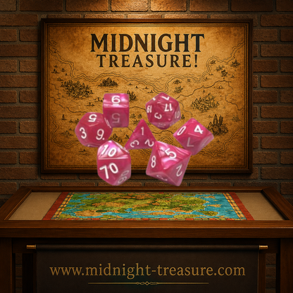 Lot de 7 dés multiformat en boîte – Rose Rouge Nacré – Jeu de rôle. Set rose rouge aux nuances framboise et à finition nacrée avec chiffres blancs, comprenant D4, D6, D8, D10, D00, D12 et D20. Un design lumineux idéal pour Donjons & Dragons, Pathfinder et autres jeux de rôle.