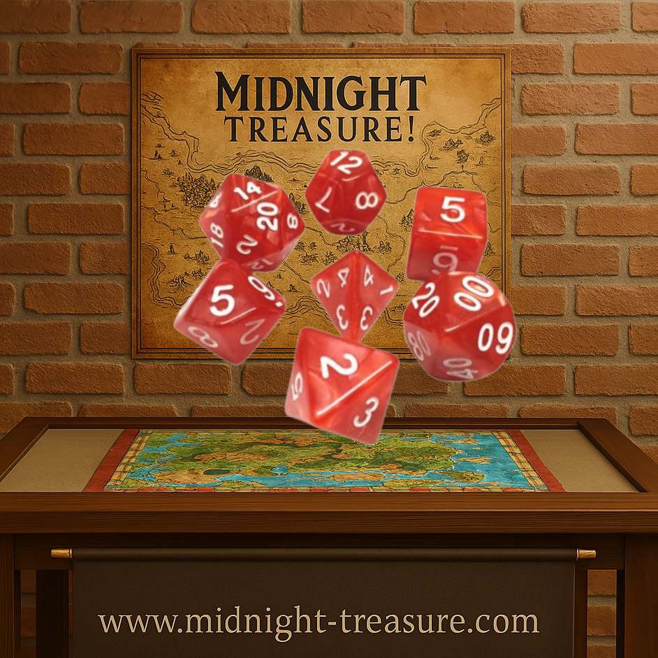 Lot de 7 dés multiformat en boîte – Rouge Nacré – Jeu de rôle. Set rouge nacré effet perlé avec chiffres blancs (D4, D6, D8, D10, D00, D12, D20). Un design puissant et élégant parfait pour Donjons & Dragons, Pathfinder et autres jeux de rôle.