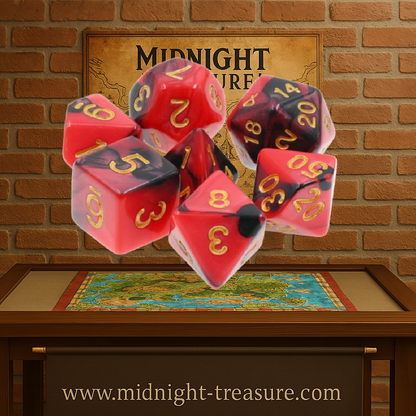 📝 Texte ALT optimisé :
Lot de 7 dés multiformat en boîte – Rouge et Noir – Jeu de rôle. Set rouge et noir effet marbré avec chiffres dorés (D4, D6, D8, D10, D00, D12, D20). Un design puissant et ténébreux parfait pour Donjons & Dragons, Pathfinder et autres jeux de rôle.