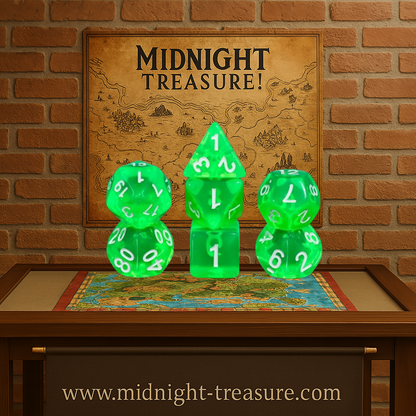 Lot de 7 dés multiformat – Gemmes vertes – Jeu de rôle. Set complet translucide vert avec chiffres blancs (D4, D6, D8, D10, D00, D12, D20). Des dés éclatants parfaits pour Donjons & Dragons, Pathfinder et autres jeux de rôle.