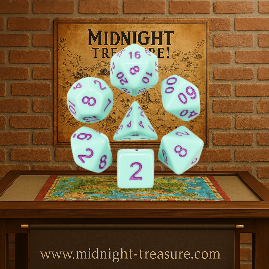 Lot de 7 dés multiformat – Rose Menthe – Jeu de rôle. Set complet pastel vert menthe avec chiffres violets (D4, D6, D8, D10, D00, D12, D20). Un style original et rafraîchissant parfait pour Donjons & Dragons, Pathfinder et autres jeux de rôle.