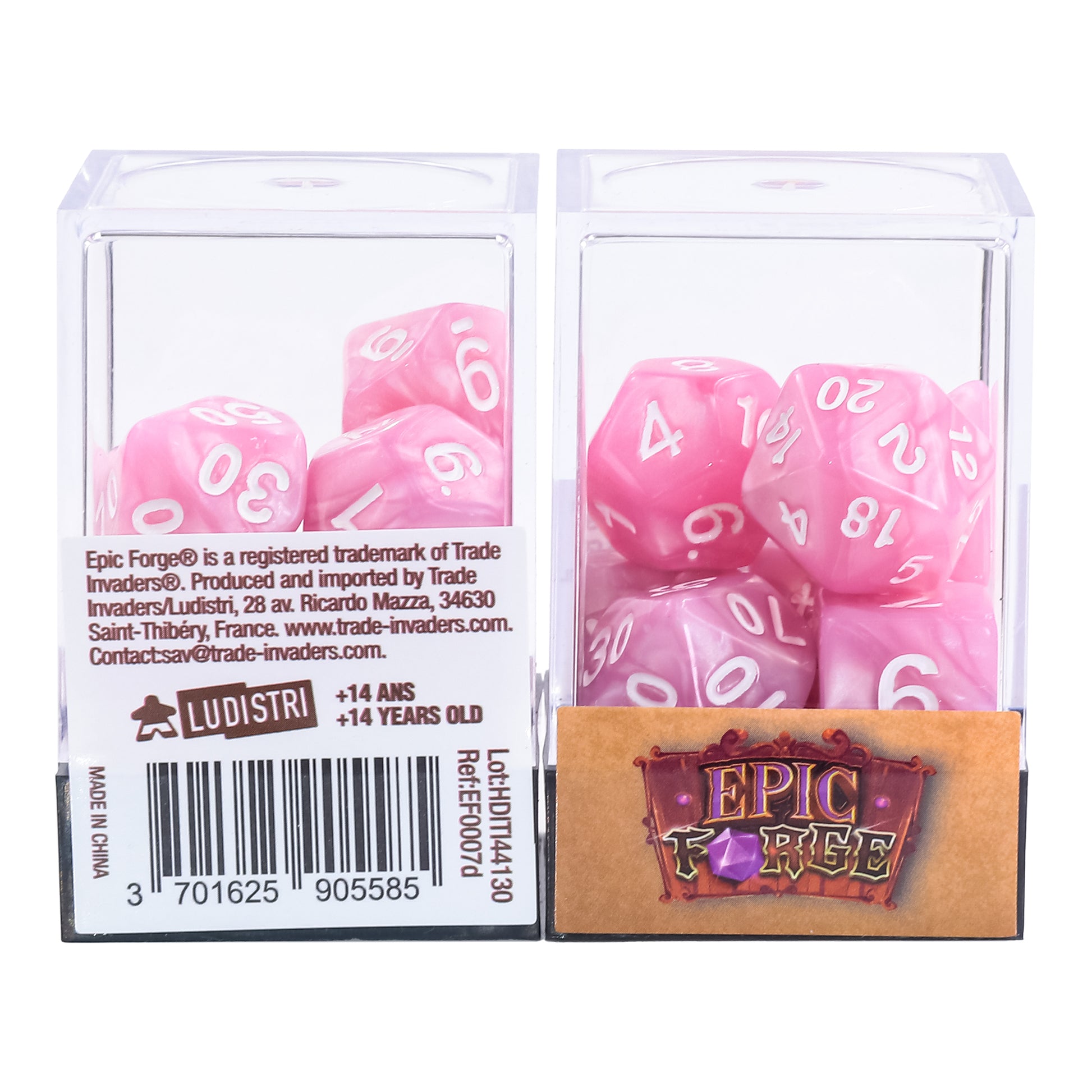 Set de 7 dés multiformat rose nacré pour jeux de rôle et de société. Gravés, lisibles et livrés en boîte de rangement compacte.