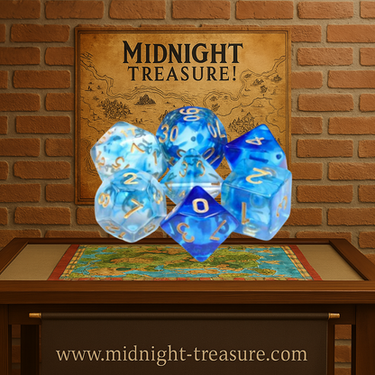 Lot de 7 dés multiformat – Under the Sea – Boîte Cristal – Jeu de rôle. Set complet bleu océan translucide avec chiffres dorés (D4, D6, D8, D10, D00, D12, D20). Des dés élégants et marins, parfaits pour Donjons & Dragons, Pathfinder et autres jeux de rôle.