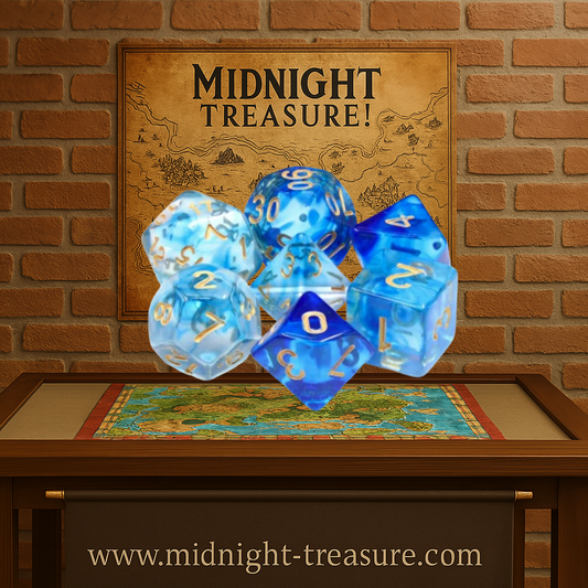 Lot de 7 dés multiformat – Under the Sea – Boîte Cristal – Jeu de rôle. Set complet bleu océan translucide avec chiffres dorés (D4, D6, D8, D10, D00, D12, D20). Des dés élégants et marins, parfaits pour Donjons & Dragons, Pathfinder et autres jeux de rôle.