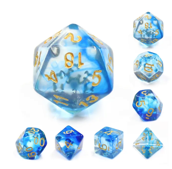 Lot de 7 dés multiformat – Under the Sea – Boîte Cristal – Jeu de rôle. Set complet bleu océan translucide avec chiffres dorés (D4, D6, D8, D10, D00, D12, D20). Des dés élégants et marins, parfaits pour Donjons & Dragons, Pathfinder et autres jeux de rôle.