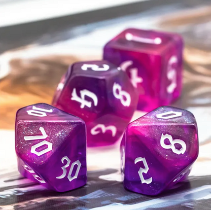 🎲✨ Lot de Dés – Rose Paillettes – Set Complet 7 Pièces en Boîte – Jeu de Rôle 💖🎲