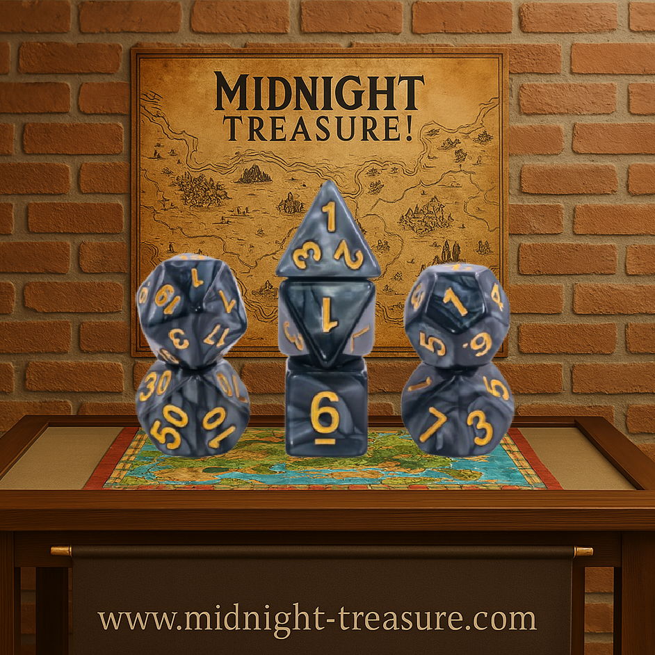 Lot de dés JDR – Noir nacré & chiffres dorés – Set Epic Dice. Set complet de 7 dés (D4 à D20) pour jeux de rôle, avec effet tourbillonnant élégant et chiffres gravés. Un indispensable pour tout rôliste stylé.