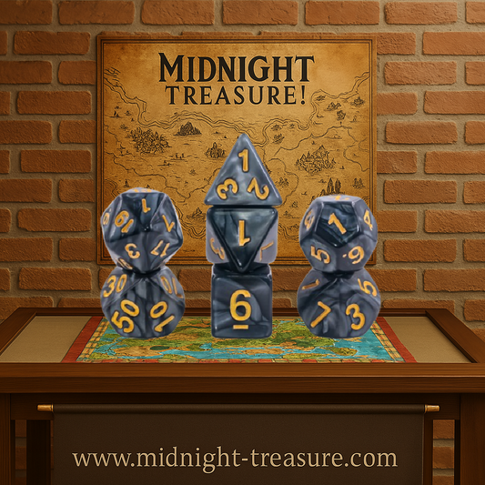 Lot de dés JDR – Noir nacré & chiffres dorés – Set Epic Dice. Set complet de 7 dés (D4 à D20) pour jeux de rôle, avec effet tourbillonnant élégant et chiffres gravés. Un indispensable pour tout rôliste stylé.