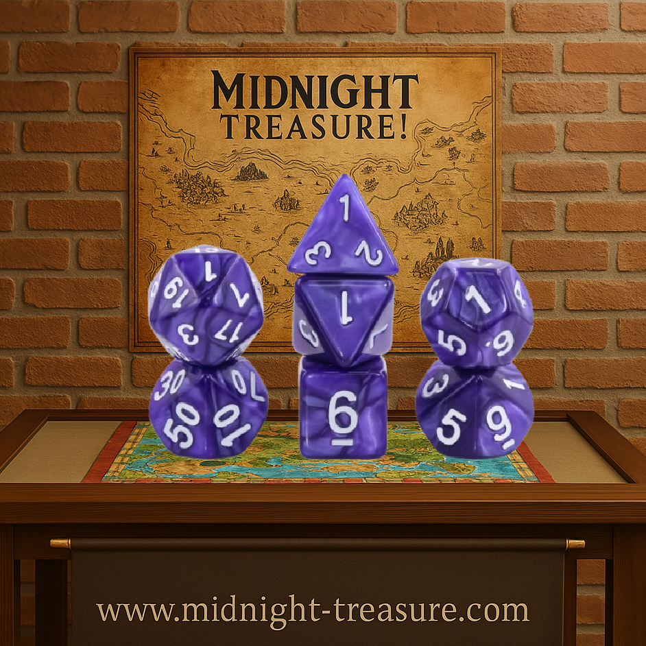 Lot de dés JDR – Violet nacré & chiffres blancs – Set Epic Dice. Set complet de 7 dés (D4 à D20) pour jeux de rôle, avec effet tourbillonnant et haute lisibilité. Parfait pour les amateurs de Donjons & Dragons et autres RPG.

