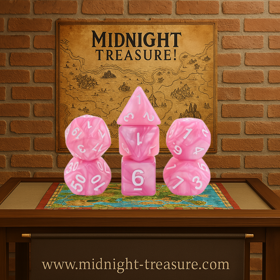 Lot de dés rose nacré – chiffres blancs – set complet 7 pièces – pour jeux de rôle. Dés élégants et lisibles, parfaits pour Donjons & Dragons, Pathfinder et plus. Un set raffiné pour les passionnés de JDR.