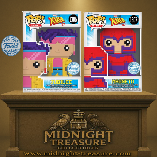 "Lot Funko Pop! 8-Bit X-Men – Magneto (1307) et Jubilee (1306) – Special Edition. Deux figurines au design pixelisé rétro inspiré des jeux vidéo, parfaites pour les fans de Marvel et de gaming vintage." 👑