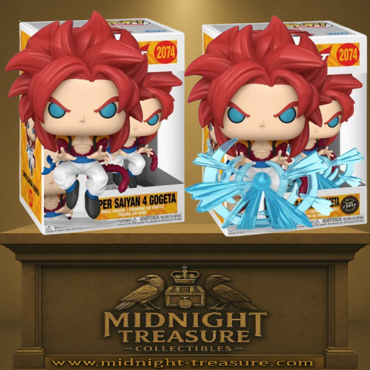 Lot Funko Pop! Dragon Ball GT – Super Saiyan 4 Gogeta (N°2074) Standard + Chase Edition. Les deux versions exclusives de Gogeta SSJ4 réunies, avec pose dynamique et effet d’énergie. Un must-have pour les collectionneurs Dragon Ball.