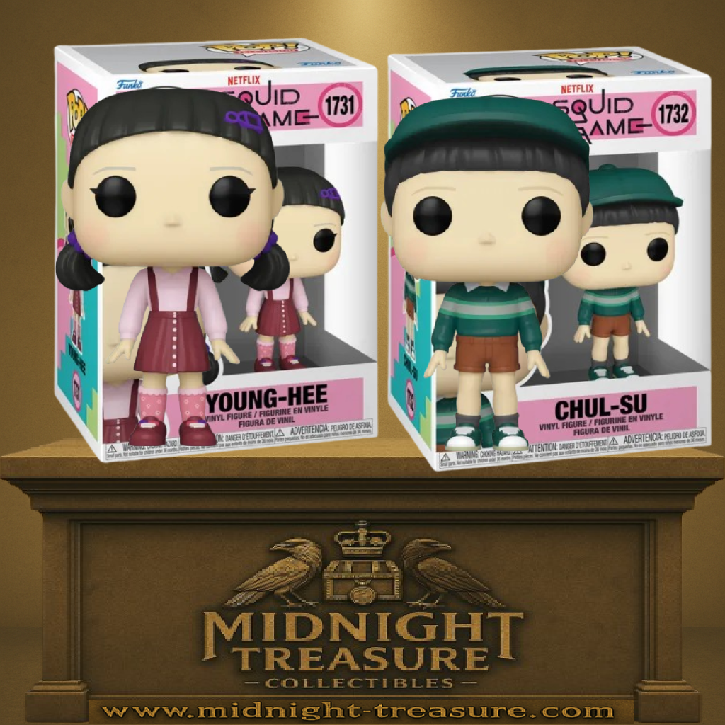 Lot Funko Pop! Squid Game – Young-Hee & Chul-Su (N°1731 & N°1732). Duo iconique de l’épreuve du saut à la corde, représentant l’innocence trompeuse des jeux d’enfants transformés en épreuves mortelles. Une pièce incontournable pour les fans de la série Netflix.