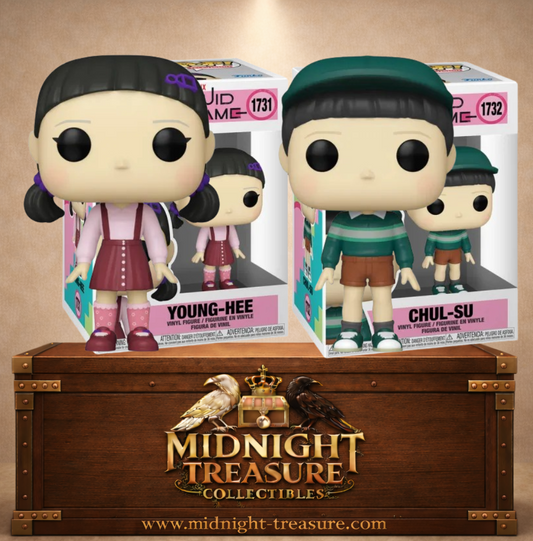 Lot Funko Pop! Squid Game – Young-Hee & Chul-Su (N°1731 & N°1732). Duo iconique de l’épreuve du saut à la corde, représentant l’innocence trompeuse des jeux d’enfants transformés en épreuves mortelles. Une pièce incontournable pour les fans de la série Netflix.