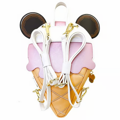 Sac à dos Loungefly - Minnie Ice Cream. Mini backpack Loungefly inspiré de Minnie Mouse sous forme de glace, avec un nœud bleu pastel, des oreilles iconiques et des décorations gourmandes. Produit sous licence officielle Disney, parfait pour les fans et collectionneurs.