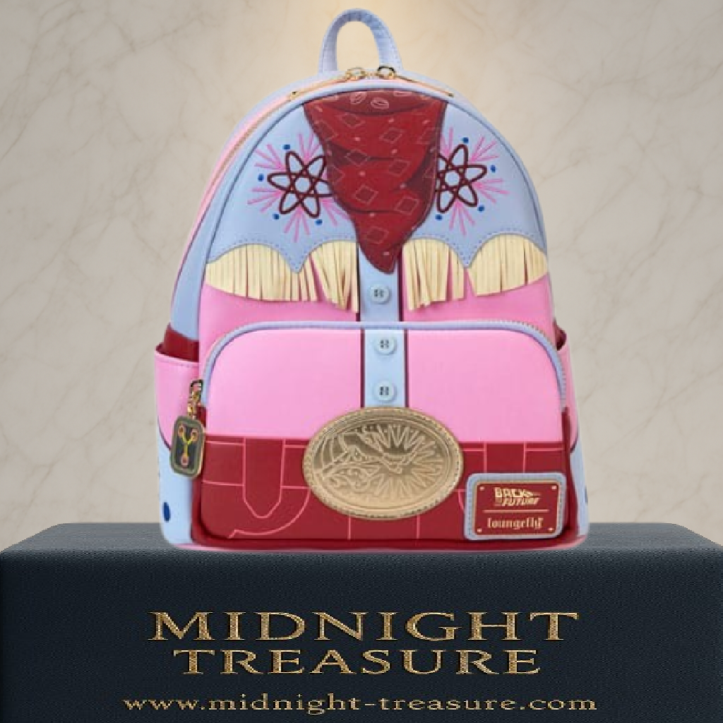 Mini sac à dos Loungefly Back to the Future 40th Anniversary – Marty Far West. Sac collector inspiré de la tenue cowboy de Marty dans Retour vers le Futur III avec détails brodés, DeLorean et convecteur temporel.