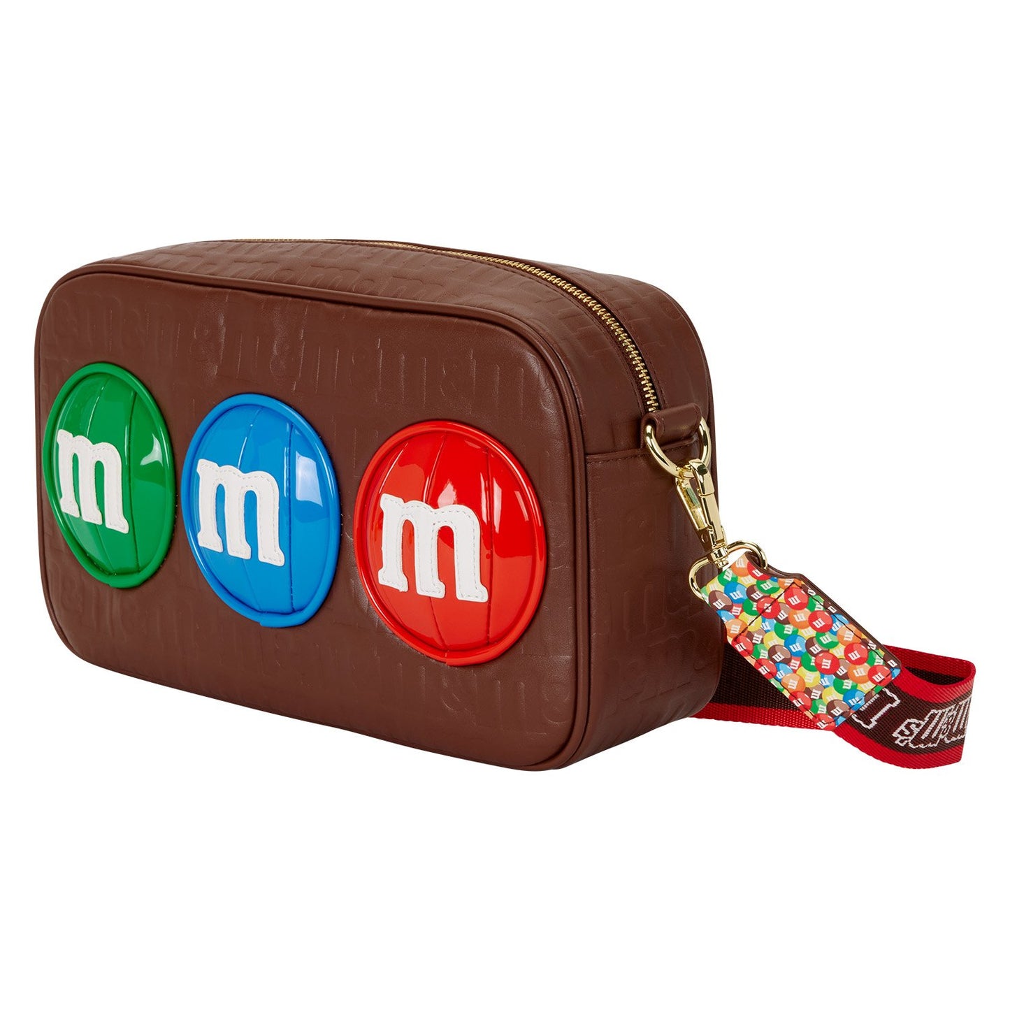 Sac à bandoulière Loungefly M&M’s avec porte-monnaie. Design chocolat embossé avec pastilles colorées et doublure intérieure exclusive. Accessoire collector parfait pour les fans de M&M’s.