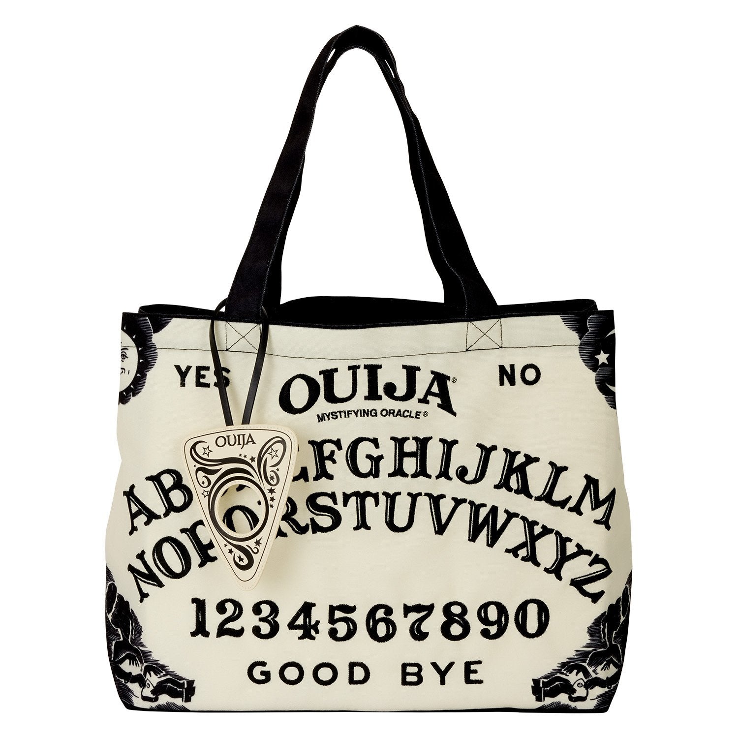 Tote Bag Loungefly Ouija Board – Hasbro. Sac canvas grand format avec design planche Ouija et effet Glow-in-the-Dark. Accessoire pratique et mystique pour fans d’ésotérisme et de pop culture.