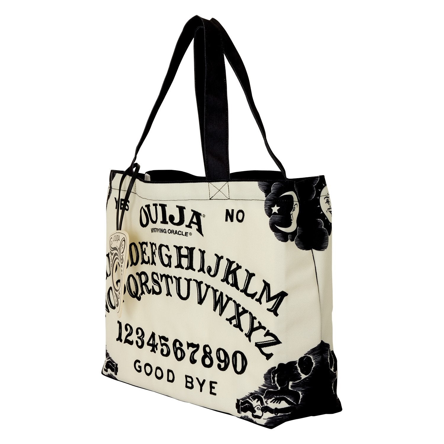 Tote Bag Loungefly Ouija Board – Hasbro. Sac canvas grand format avec design planche Ouija et effet Glow-in-the-Dark. Accessoire pratique et mystique pour fans d’ésotérisme et de pop culture.