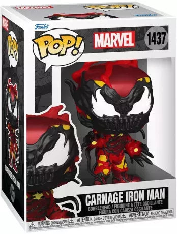 Funko Pop! Marvel – Iron Man Carnagized (N°1437). Fusion monstrueuse entre Iron Man et Carnage, avec armure déformée et tentacules symbiotiques. Pièce idéale pour les fans de symbiotes et de Marvel.