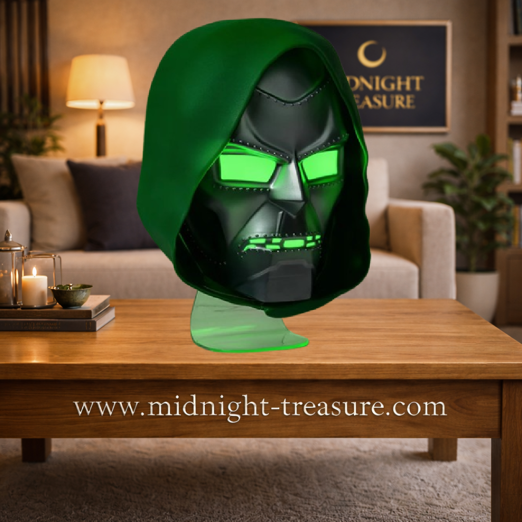 Lampe masque Doctor Doom Marvel éclairée en vert posée sur une étagère